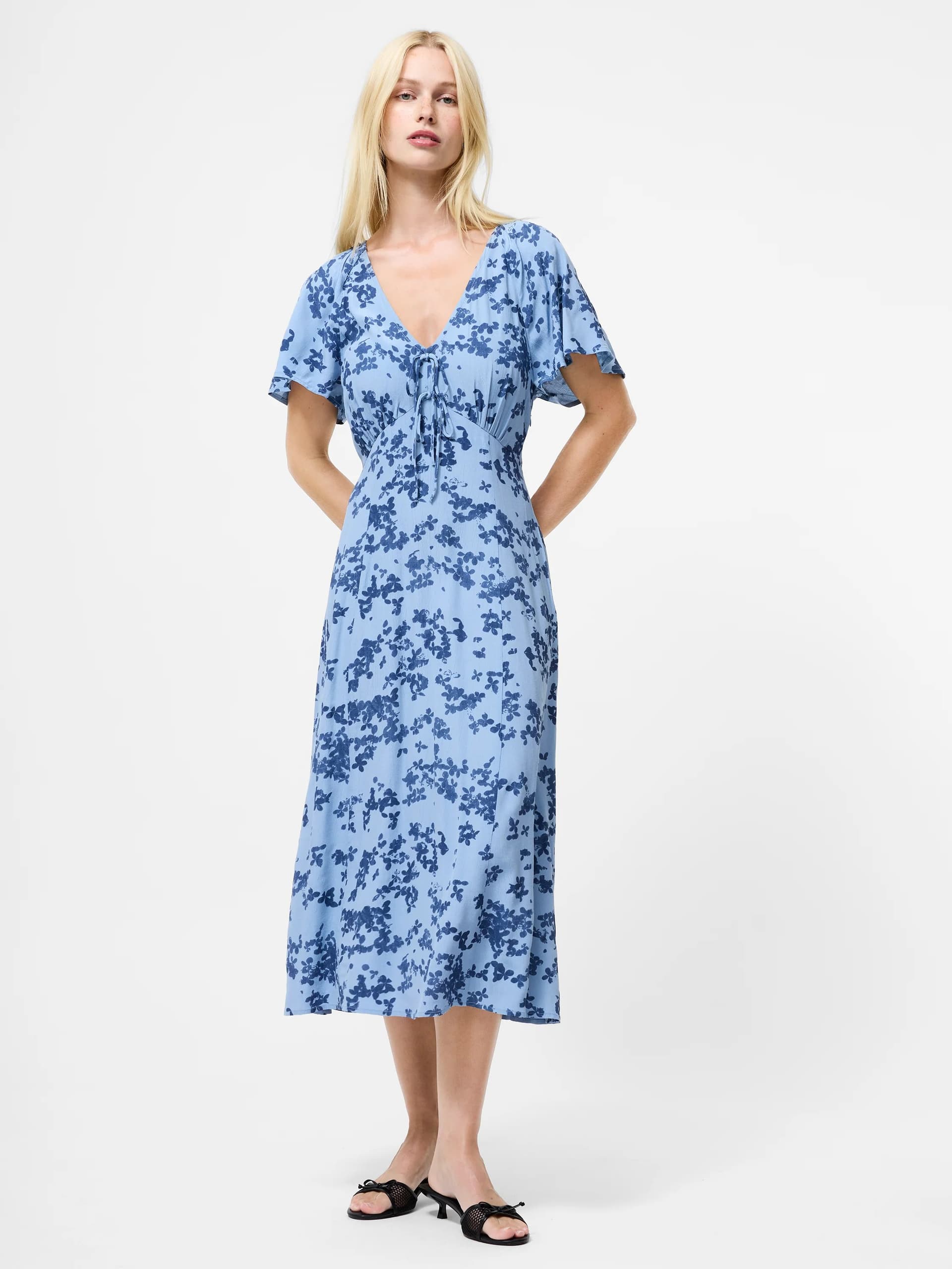 French Connection Isla Lizzie Eco Crepe V-Neck Midi Dress Blue Multi