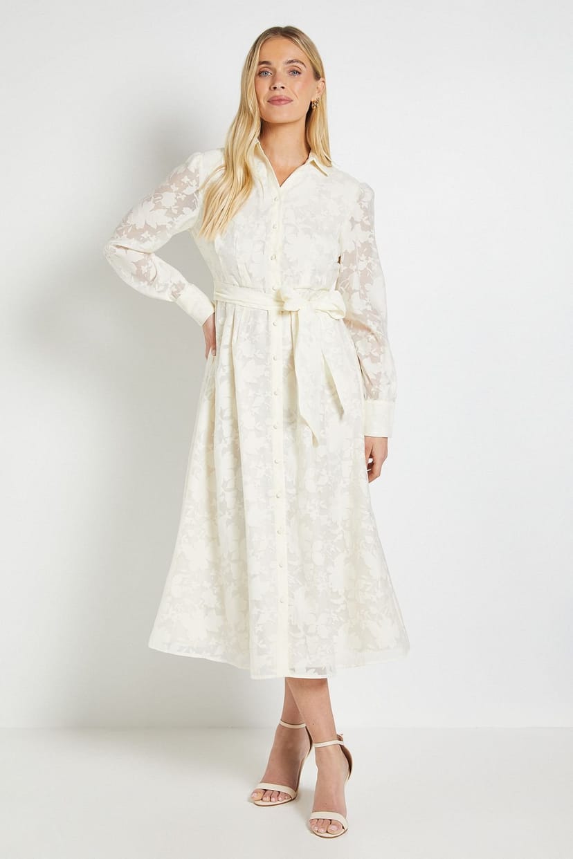 Wallis Wallis Women's Petite Floral Organza Belted Midi Dress in Ivory - 1