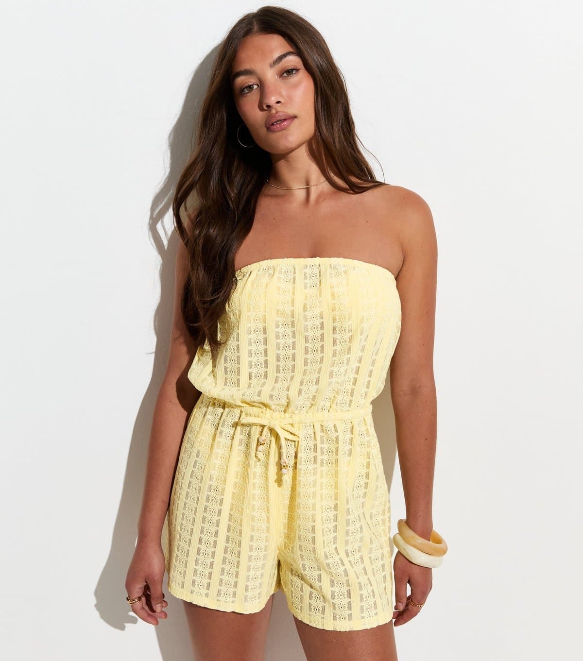New Look Women's Light Yellow Lace Beach Strapless Playsuit New Look