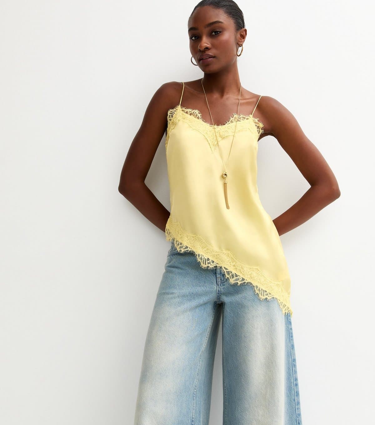 New Look Women's Yellow Asymmetric Lace Cami Top New Look