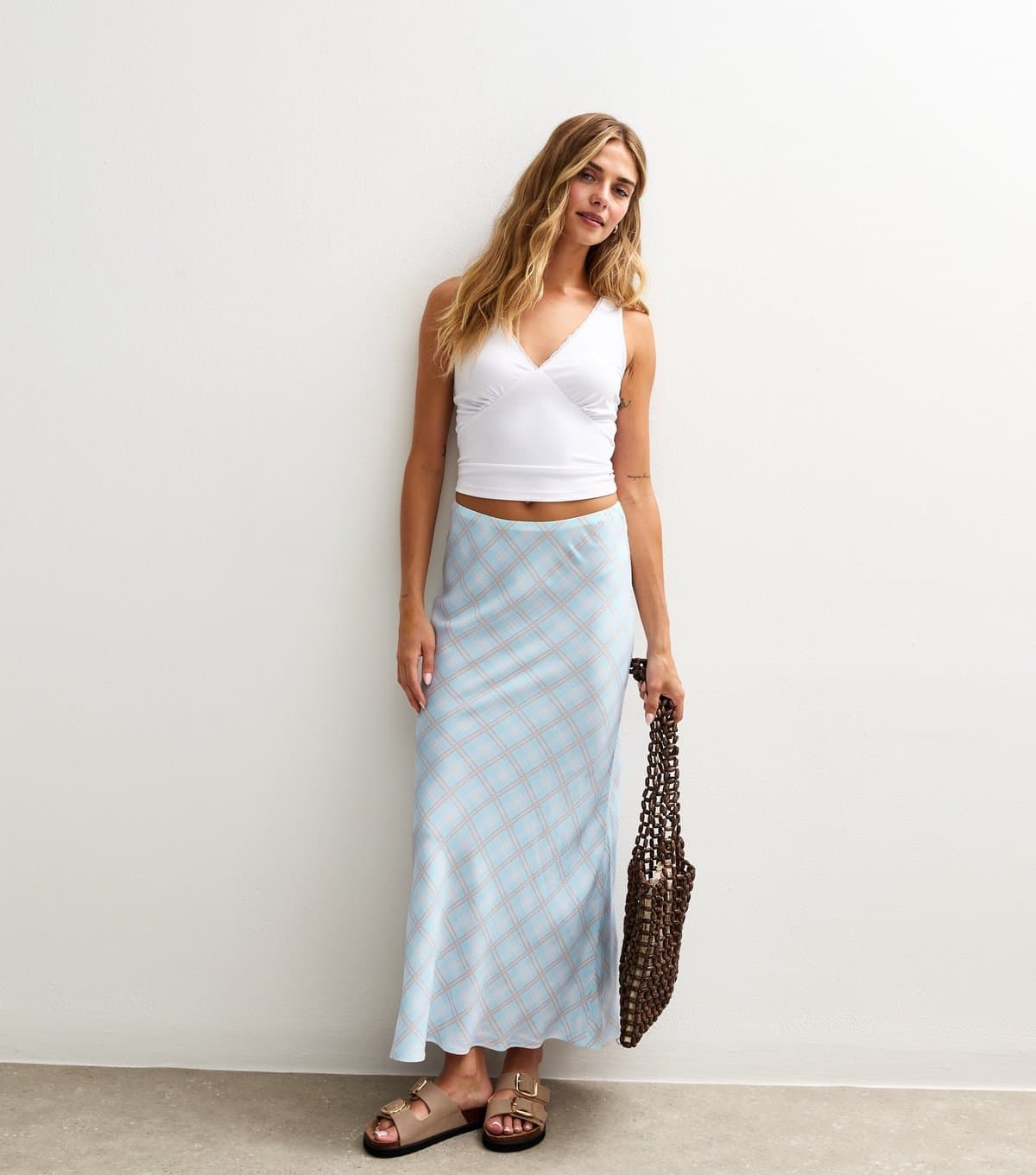 New Look Women's Blue Check Print Bias Cut Midi Skirt New Look