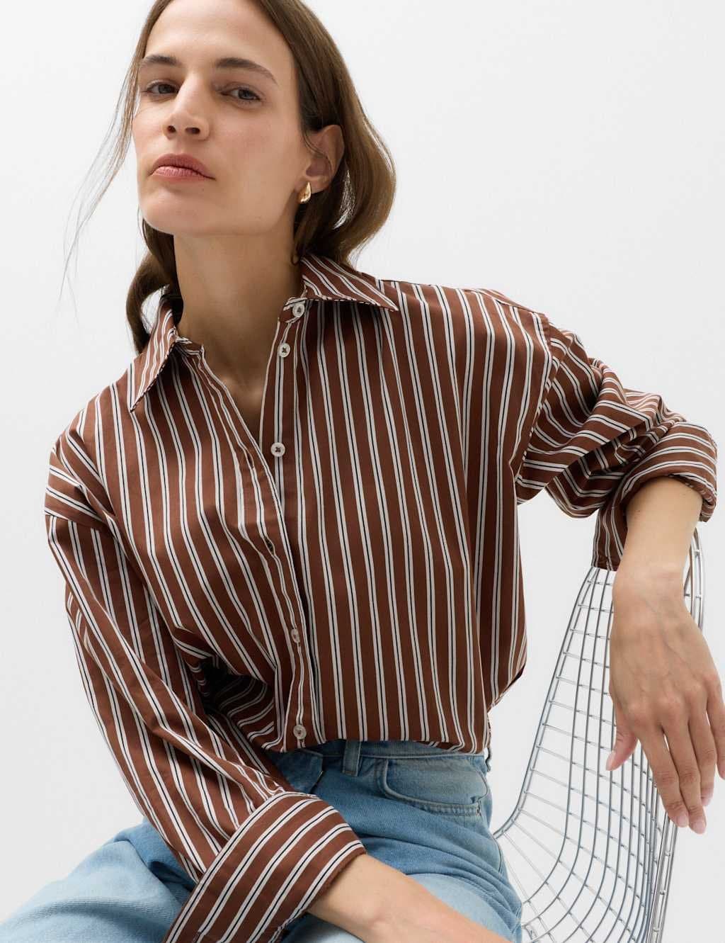 Marks & Spencer M&S Pure Cotton Oversized Striped Shirt Brown Mix