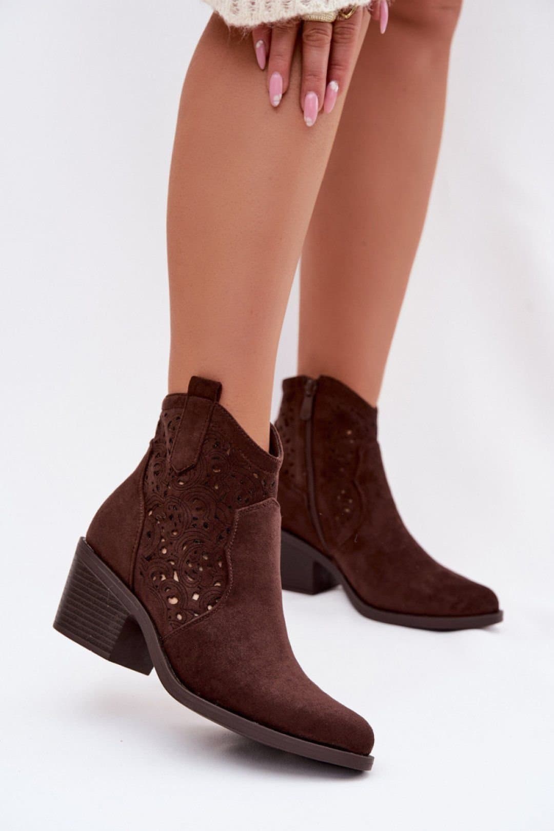 Love Lace Love Lace Women's Cowboy Lace Heel Boots Almond Toe Suede Ankle Western Boot in Brown