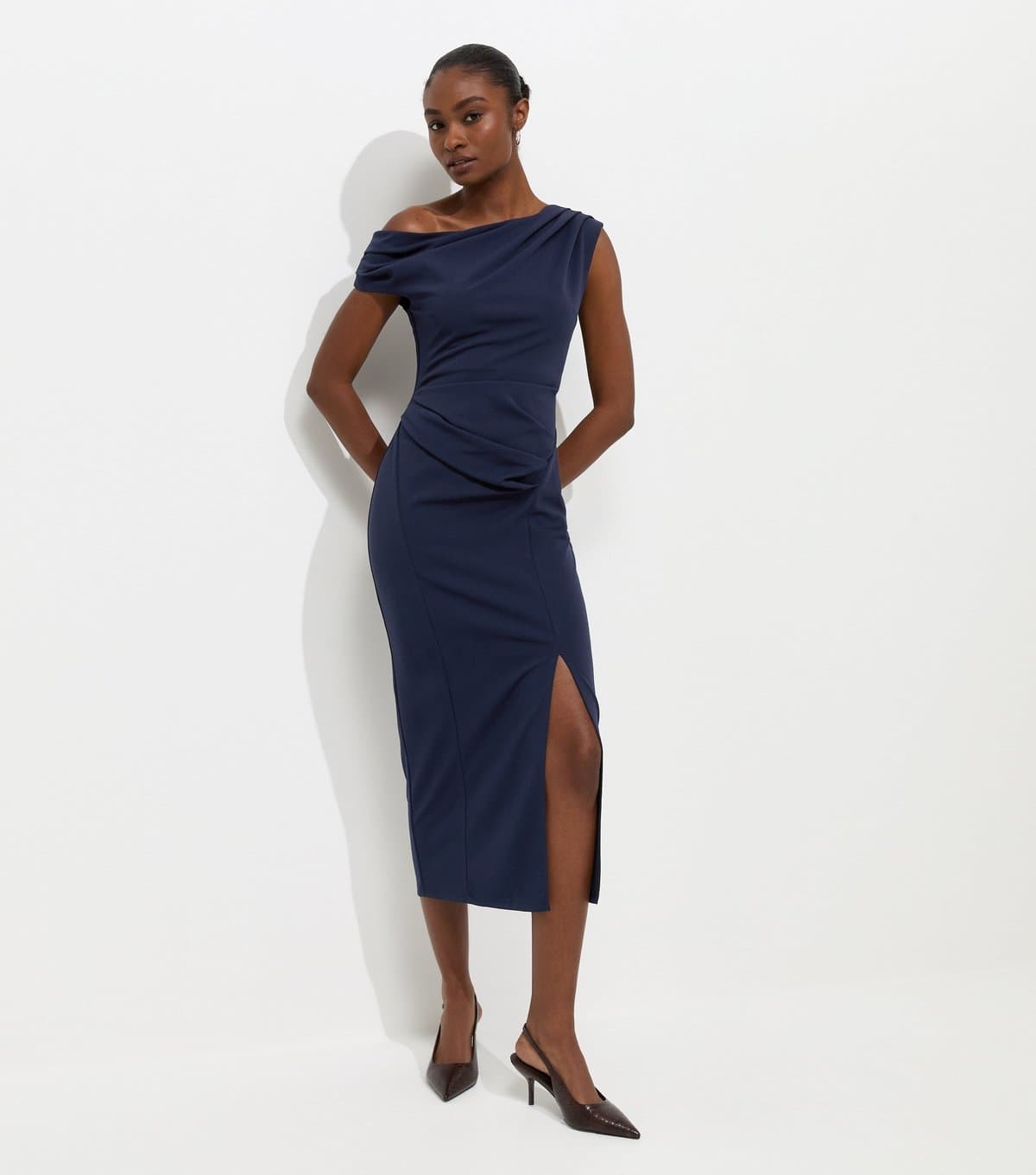 New Look Women's Navy Fallen Shoulder Slit Detail Midi Dress New Look
