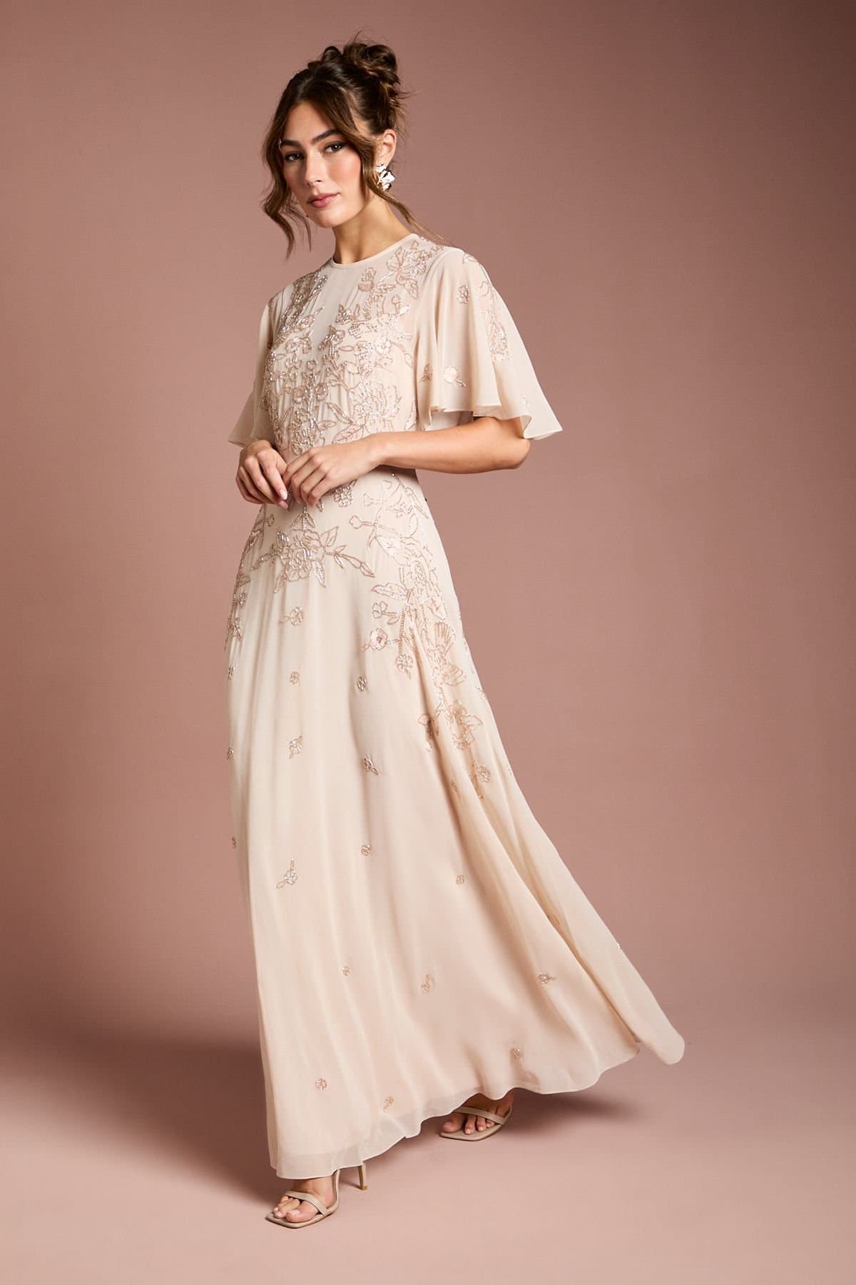 Coast Coast Women's Floral Embroidered & Beaded Angel Sleeve Maxi Dress in Blush