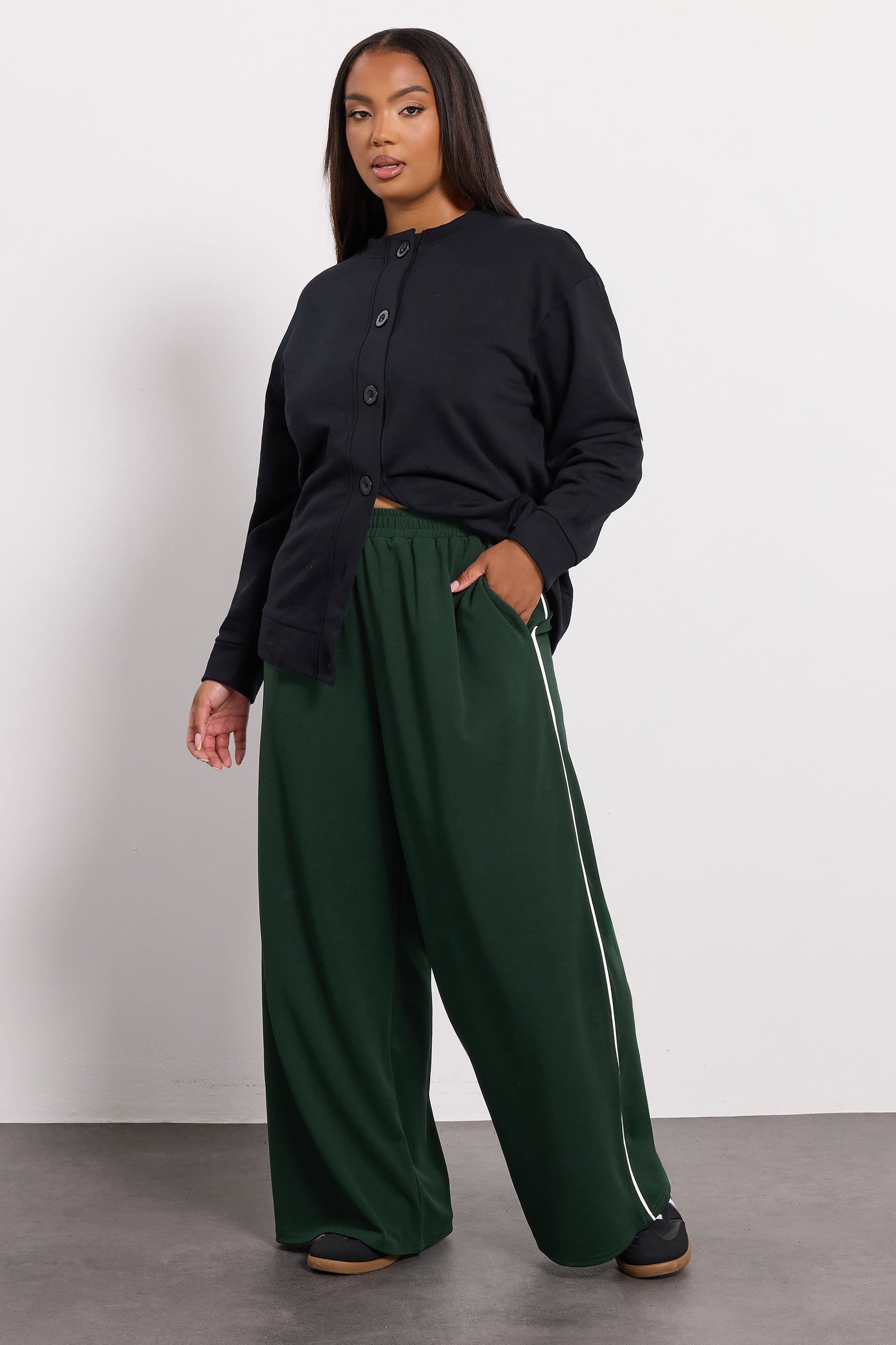Yours Plus Size Forest Green Side Stripe Wide Leg Trousers