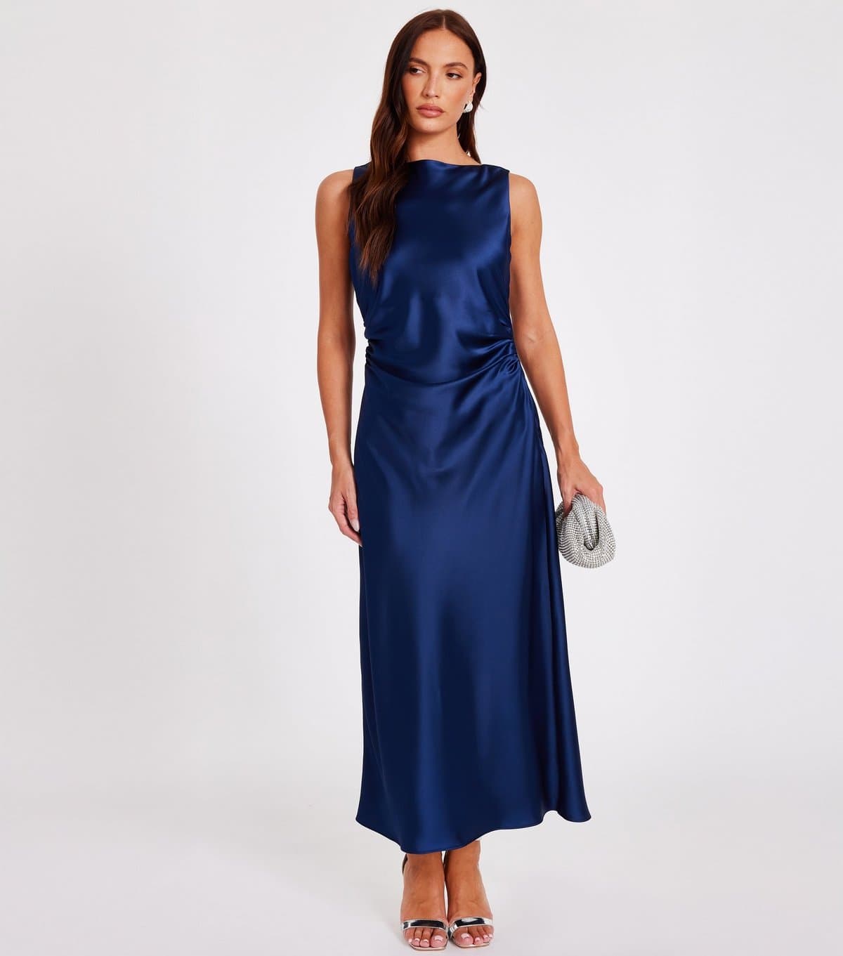 Quiz Women's Navy Satin Ruched Midaxi Dress Quiz New Look