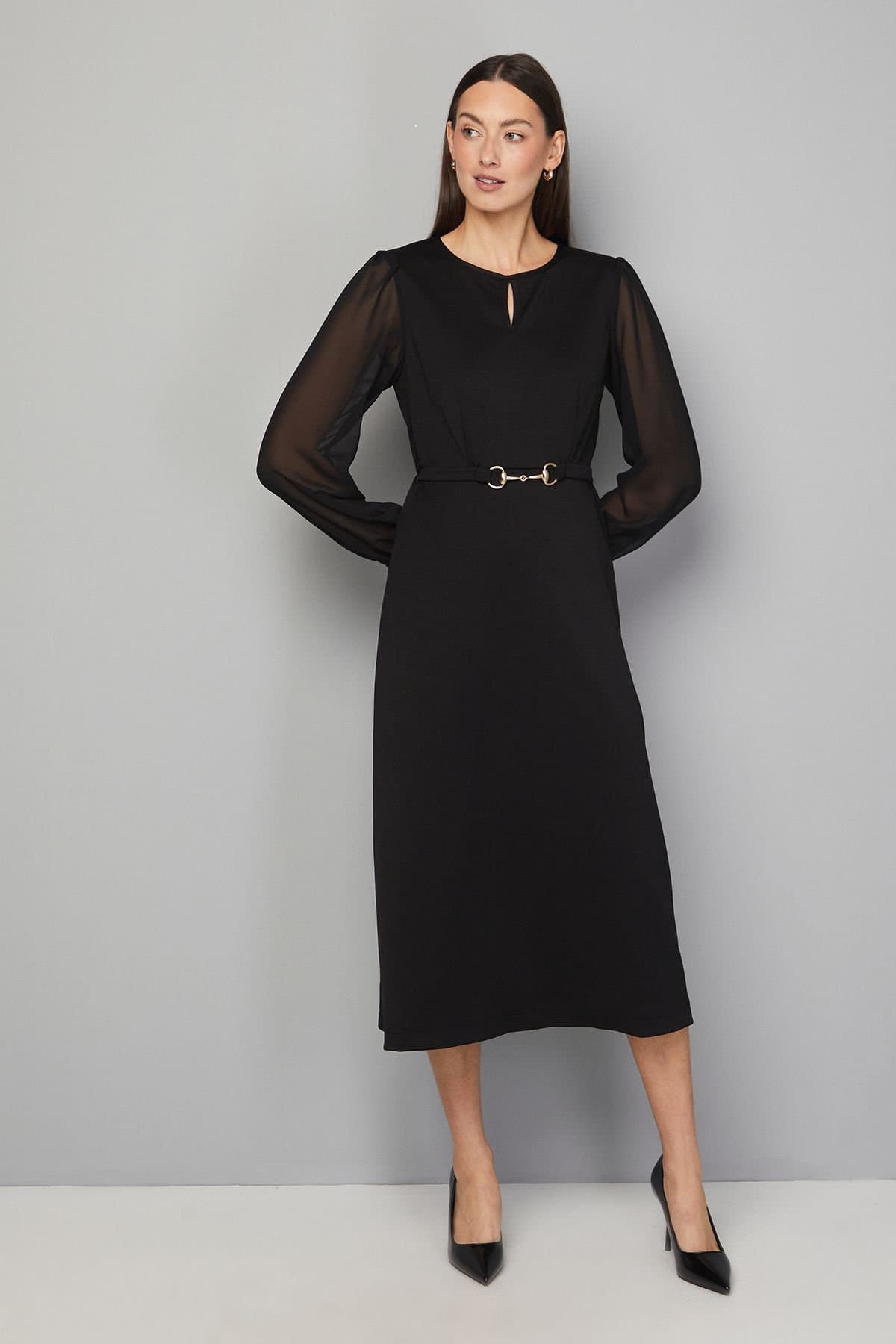 Wallis Wallis Women's Ponte A-line Midi Dress With Chiffon Sleeves in Black
