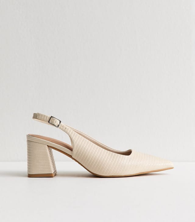 New Look Women's Wide Fit Off White Block Lizard Effect Slingback Court Shoes Vegan New Look - 2