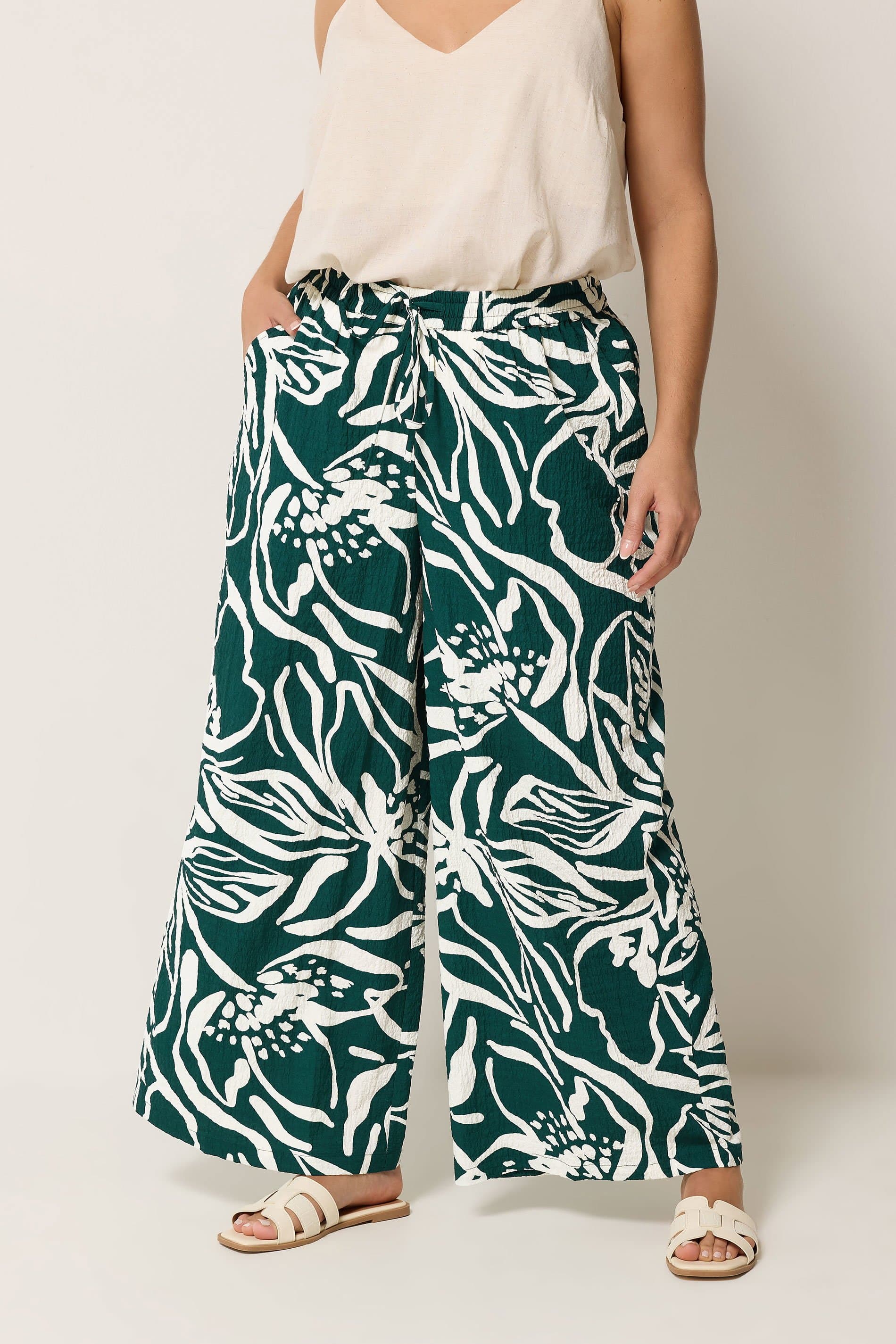 Yours Plus Size Teal Green Floral Wide Leg Trousers