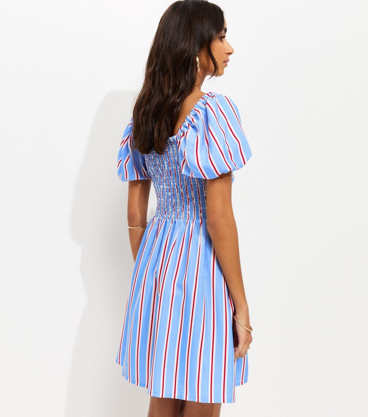 New Look Women's Blue Crepe Stripe Puff Sleeve Shirred Mini Dress New Look - 4