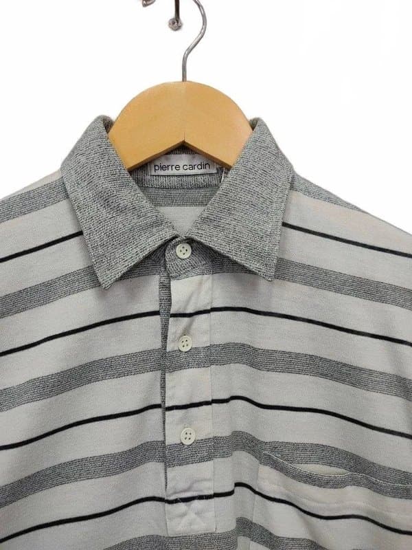 Pierre Cardin Vintage Pierre Cardin Striped Polo Shirt Large White Grey Boxy Retro