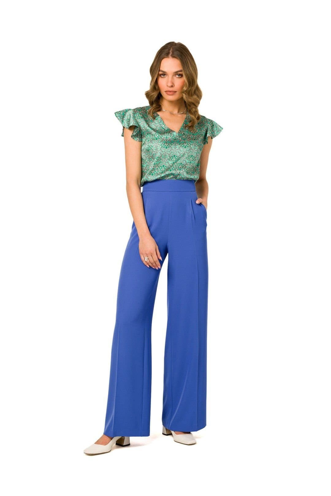 Love Lace Love Lace Women's Wide Leg Trousers with Waist Darts & Pockets in Blue