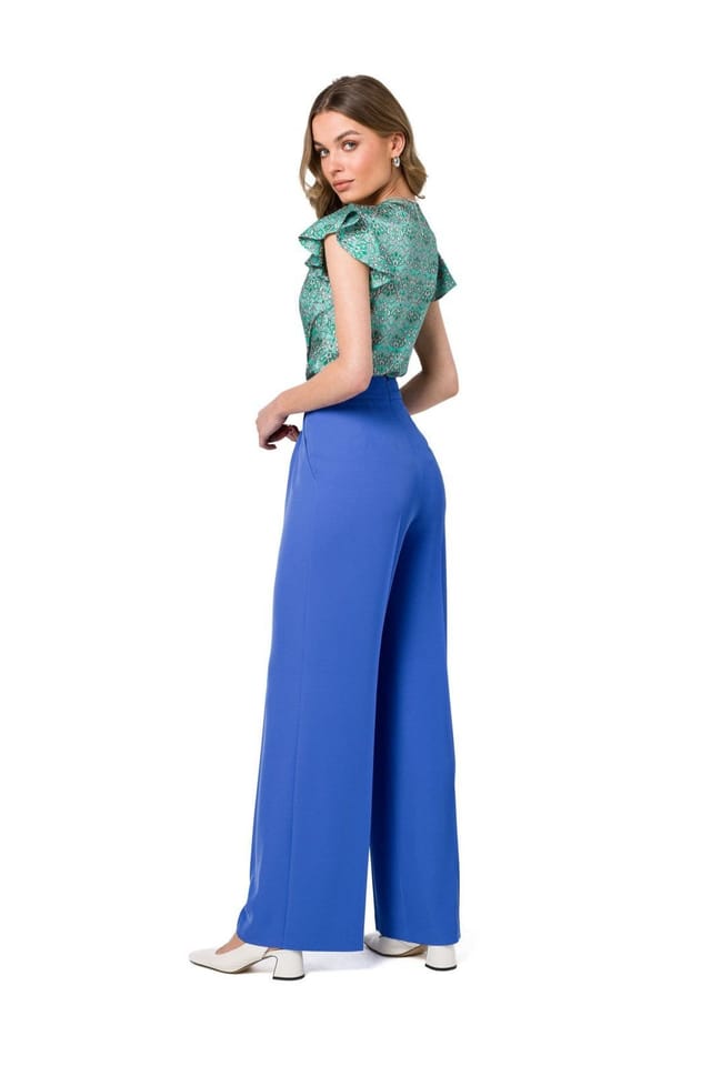 Love Lace Love Lace Women's Wide Leg Trousers with Waist Darts & Pockets in Blue - 2
