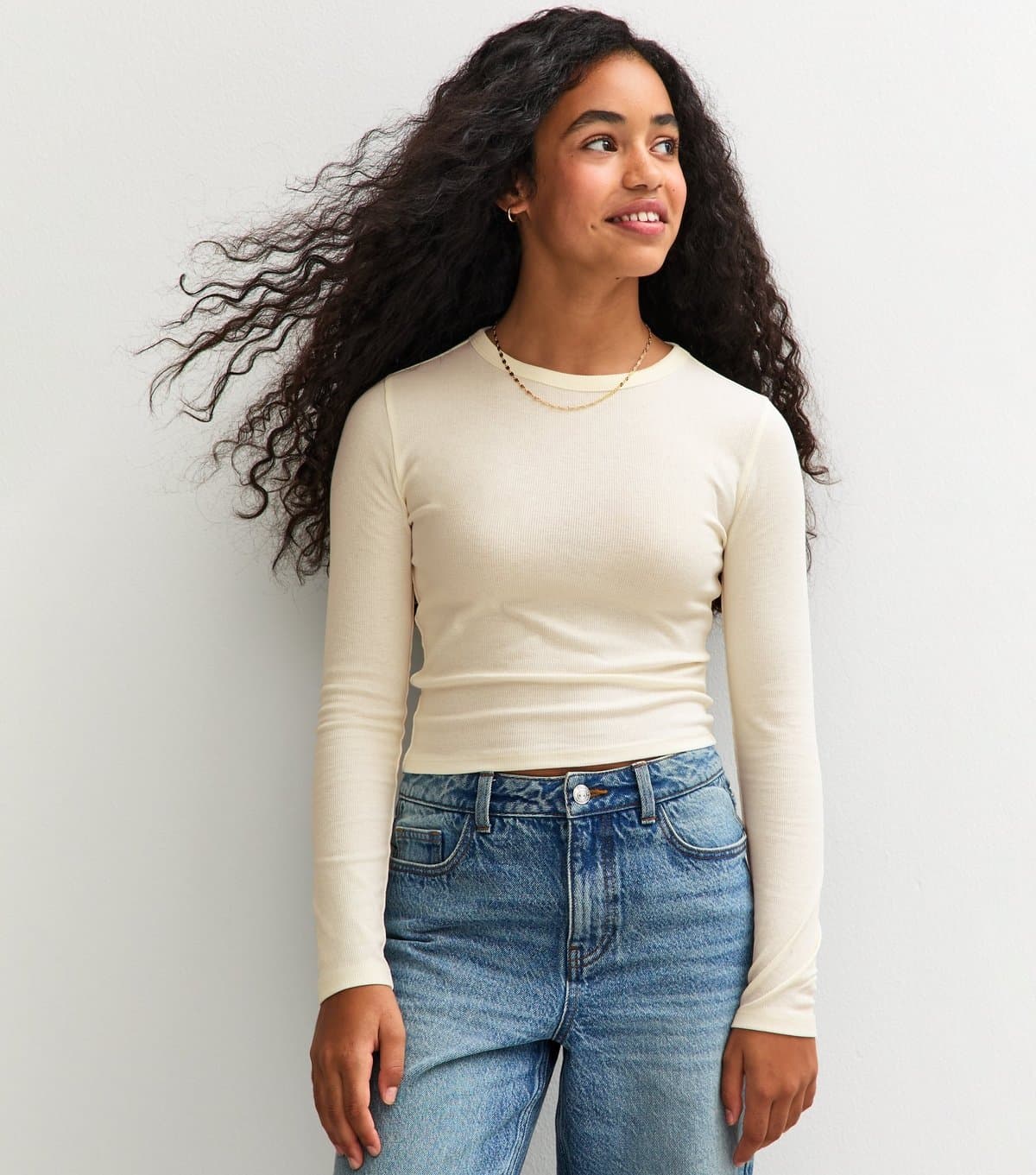 New Look Girls' Off White Ribbed Baby Tee Long Sleeve Top New Look