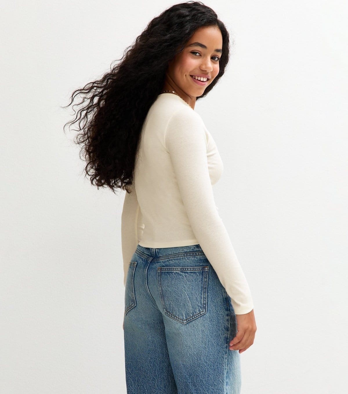 New Look Girls' Off White Ribbed Baby Tee Long Sleeve Top New Look - 4