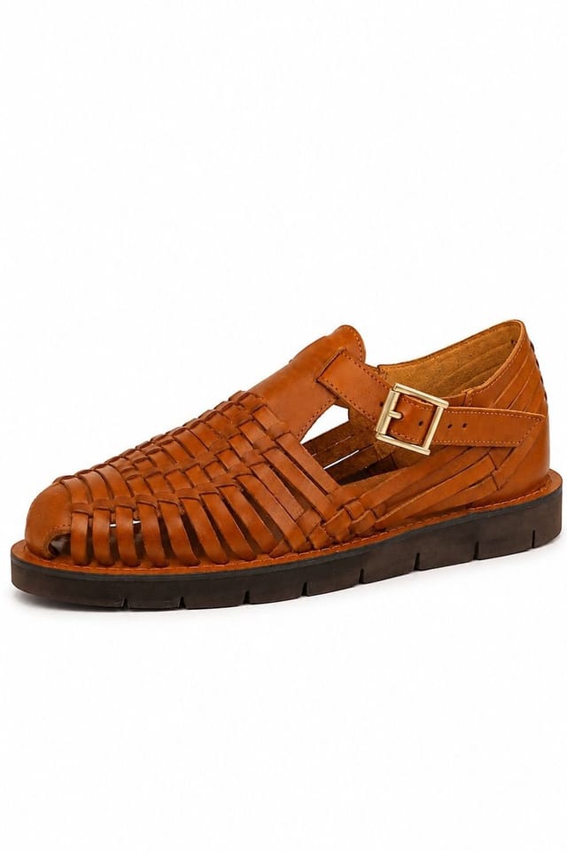 Leather Collection Leather Collection Men's Leather Flat Weaved Sandals in Tan - 2
