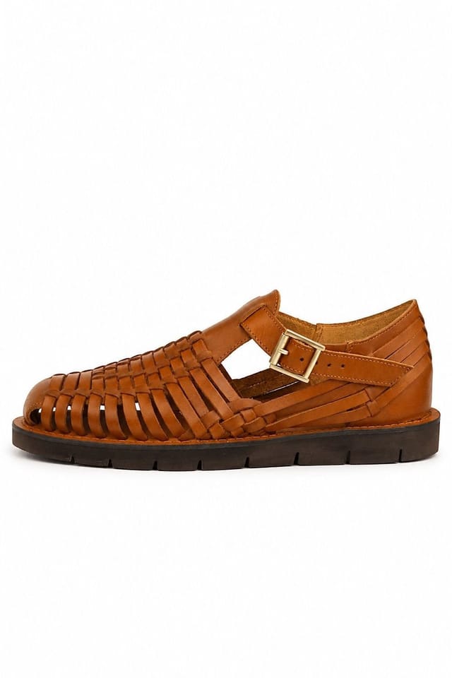 Leather Collection Leather Collection Men's Leather Flat Weaved Sandals in Tan - 3