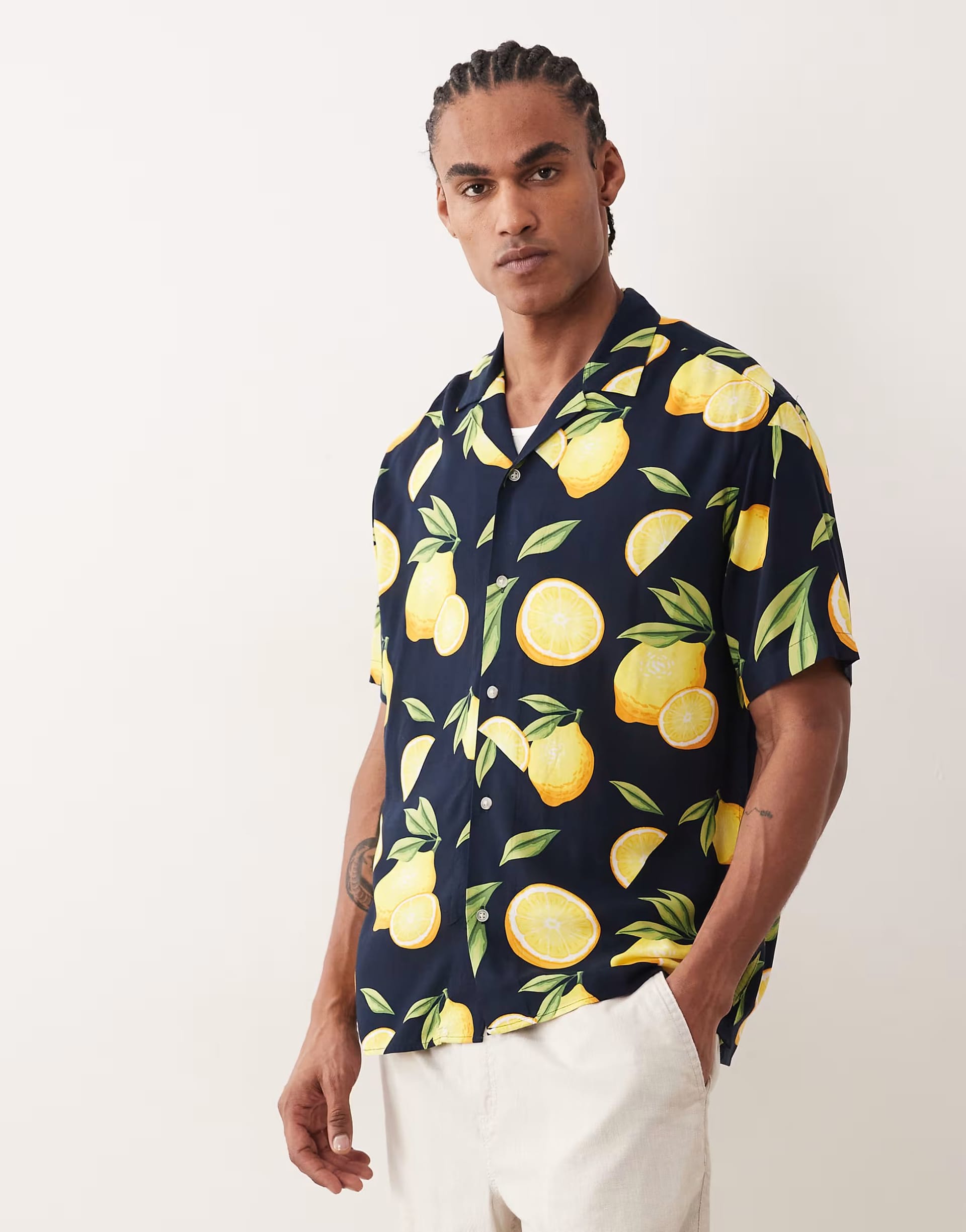 Jack & Jones Navy Lemon Print Shirt with Revere Collar