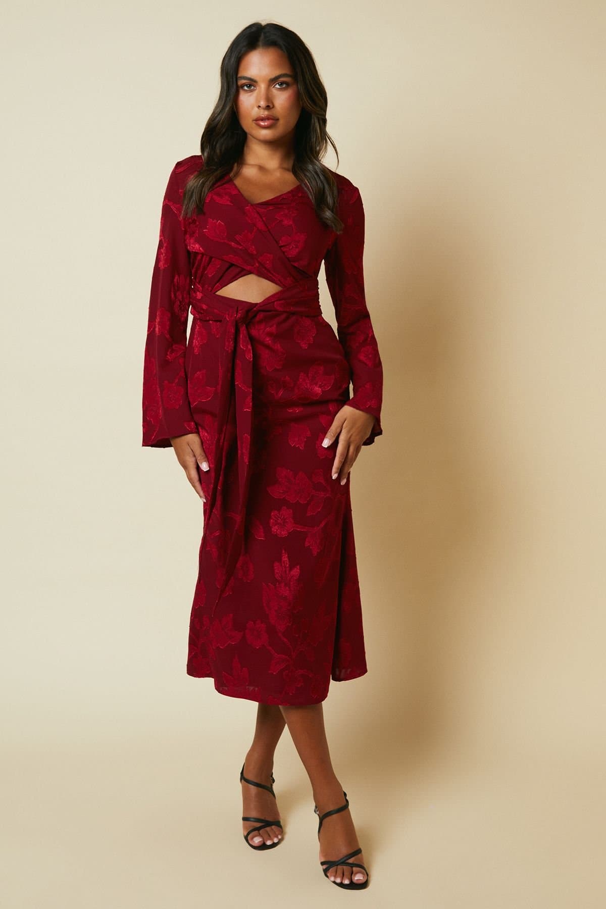 Coast x Debut London Coast x Debut London Women's Debut London By Coast Long Sleeve Wrap Waist Satin Jacquard Midi Dress in Red