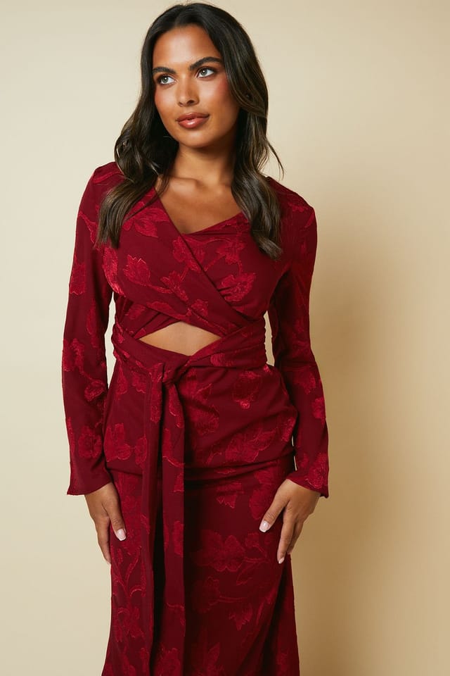 Coast x Debut London Coast x Debut London Women's Debut London By Coast Long Sleeve Wrap Waist Satin Jacquard Midi Dress in Red - 2