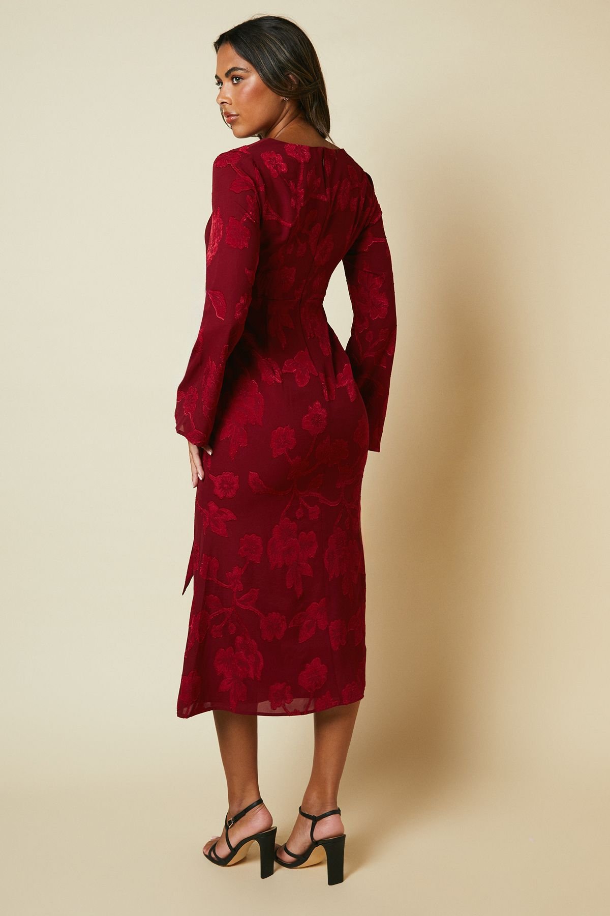 Coast x Debut London Coast x Debut London Women's Debut London By Coast Long Sleeve Wrap Waist Satin Jacquard Midi Dress in Red - 3