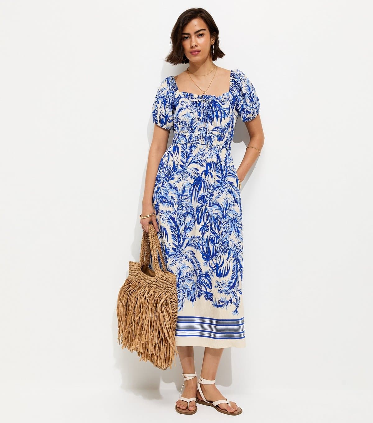 New Look Women's Blue Leaf Print Milkmaid Midi Dress New Look