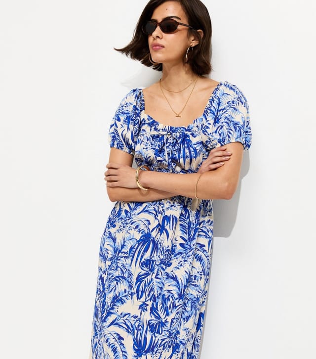 New Look Women's Blue Leaf Print Milkmaid Midi Dress New Look - 2