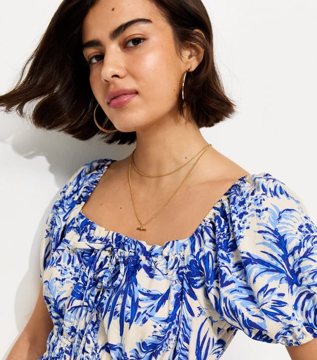 New Look Women's Blue Leaf Print Milkmaid Midi Dress New Look - 3