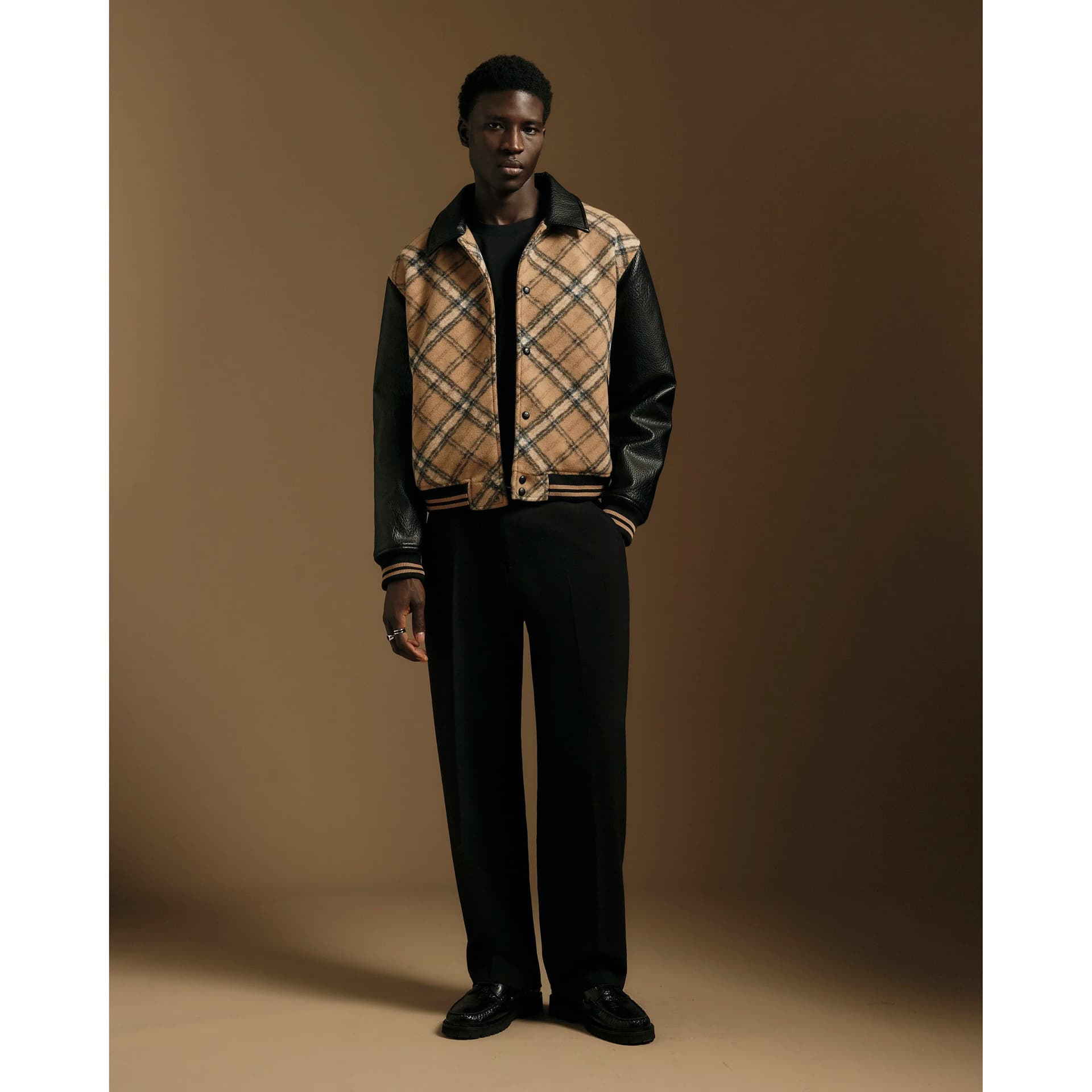 River Island Mens River Island Beige Check Faux Leather Varsity Jacket