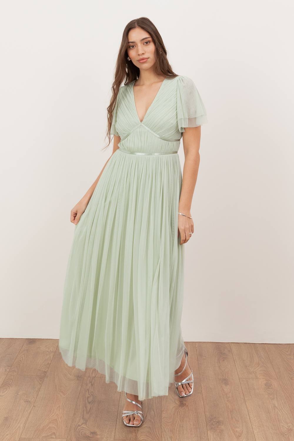 Anaya with Love Anaya with Love Women's Ribbon Detail V Neck Short Sleeve Midi Dress in Green - 2