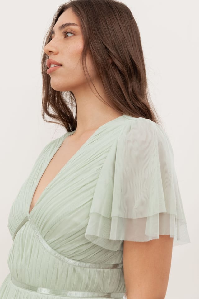 Anaya with Love Anaya with Love Women's Ribbon Detail V Neck Short Sleeve Midi Dress in Green - 3