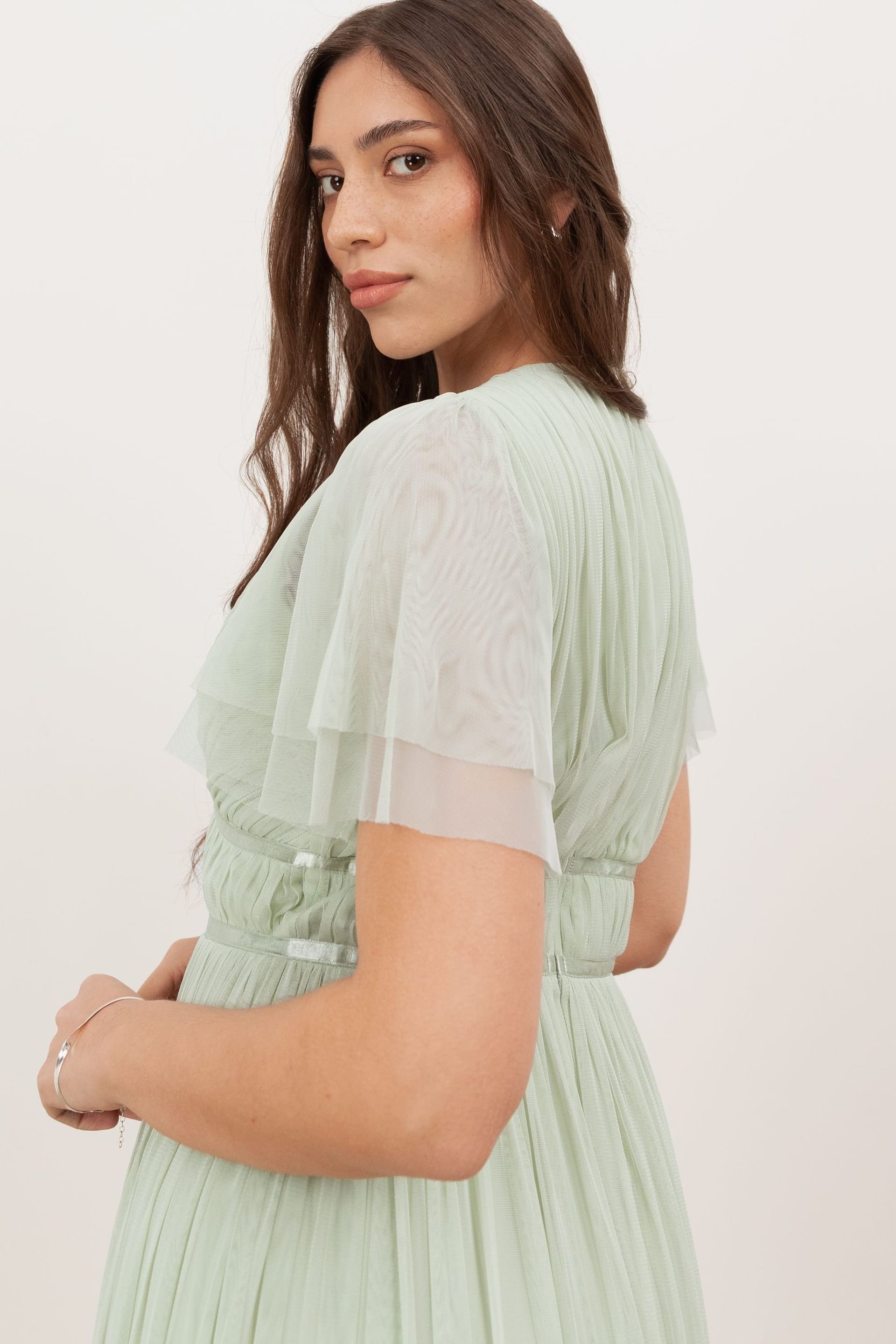 Anaya with Love Anaya with Love Women's Ribbon Detail V Neck Short Sleeve Midi Dress in Green - 4