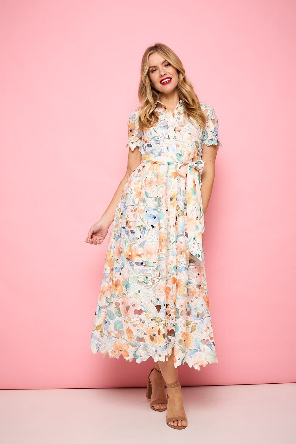 Izabel London Izabel London Women's Floral Cut Out Tie Waist Midi Shirt Dress in Orange