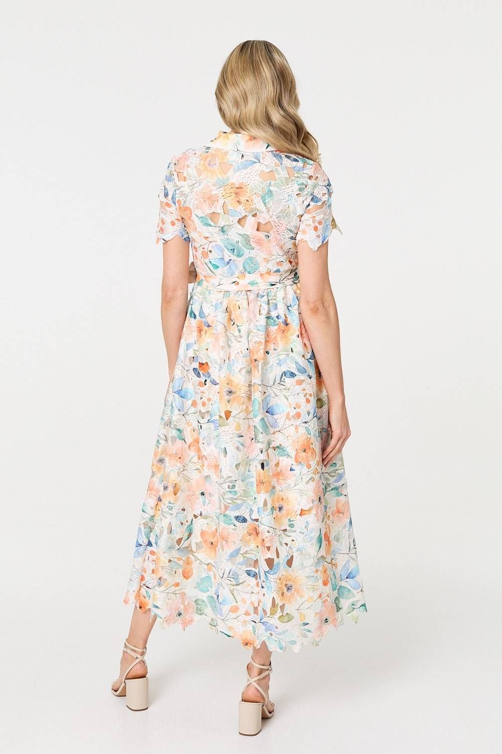 Izabel London Izabel London Women's Floral Cut Out Tie Waist Midi Shirt Dress in Orange - 3