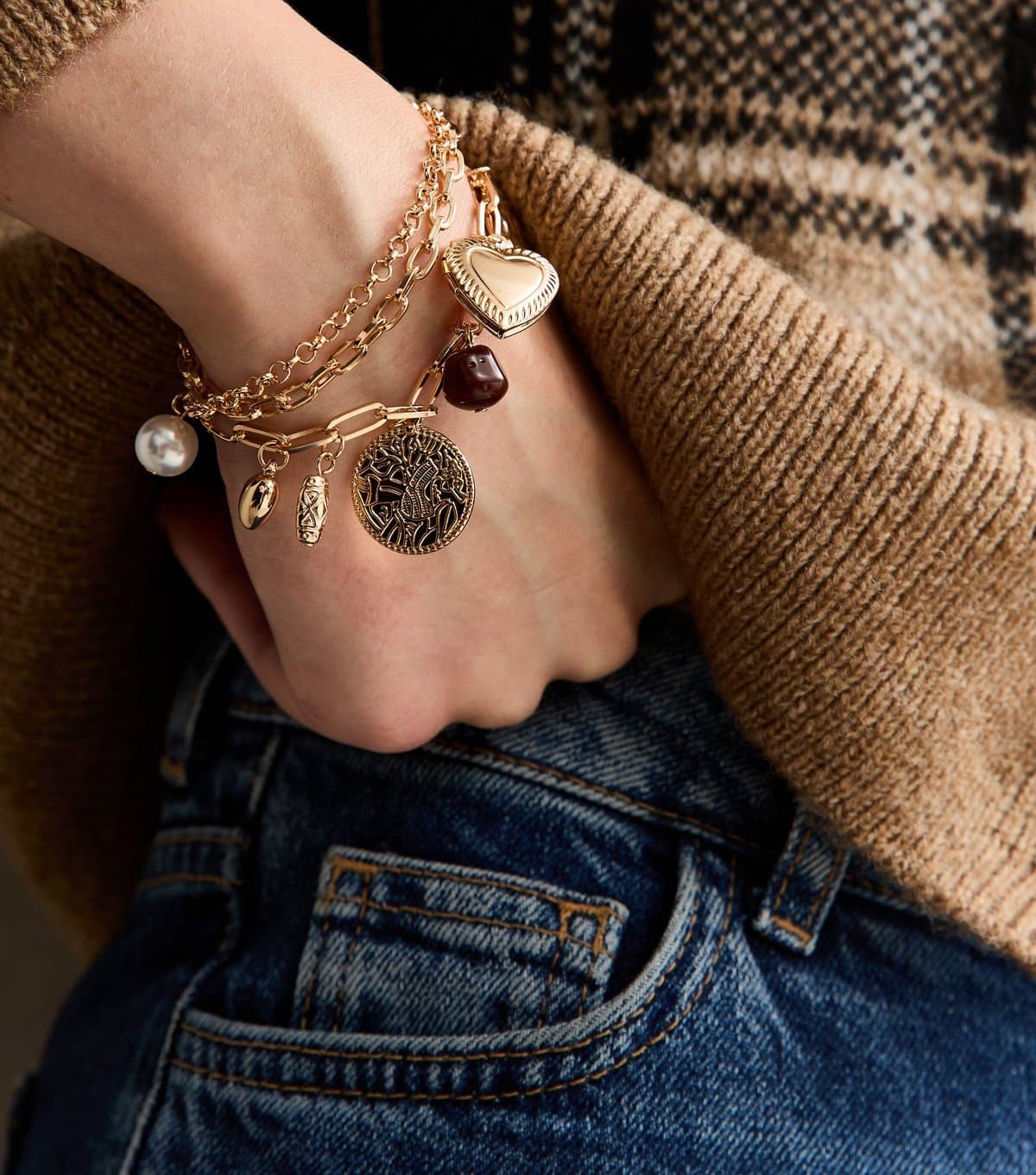 New Look Gold Tone Three Row Multi Charm Bracelet New Look