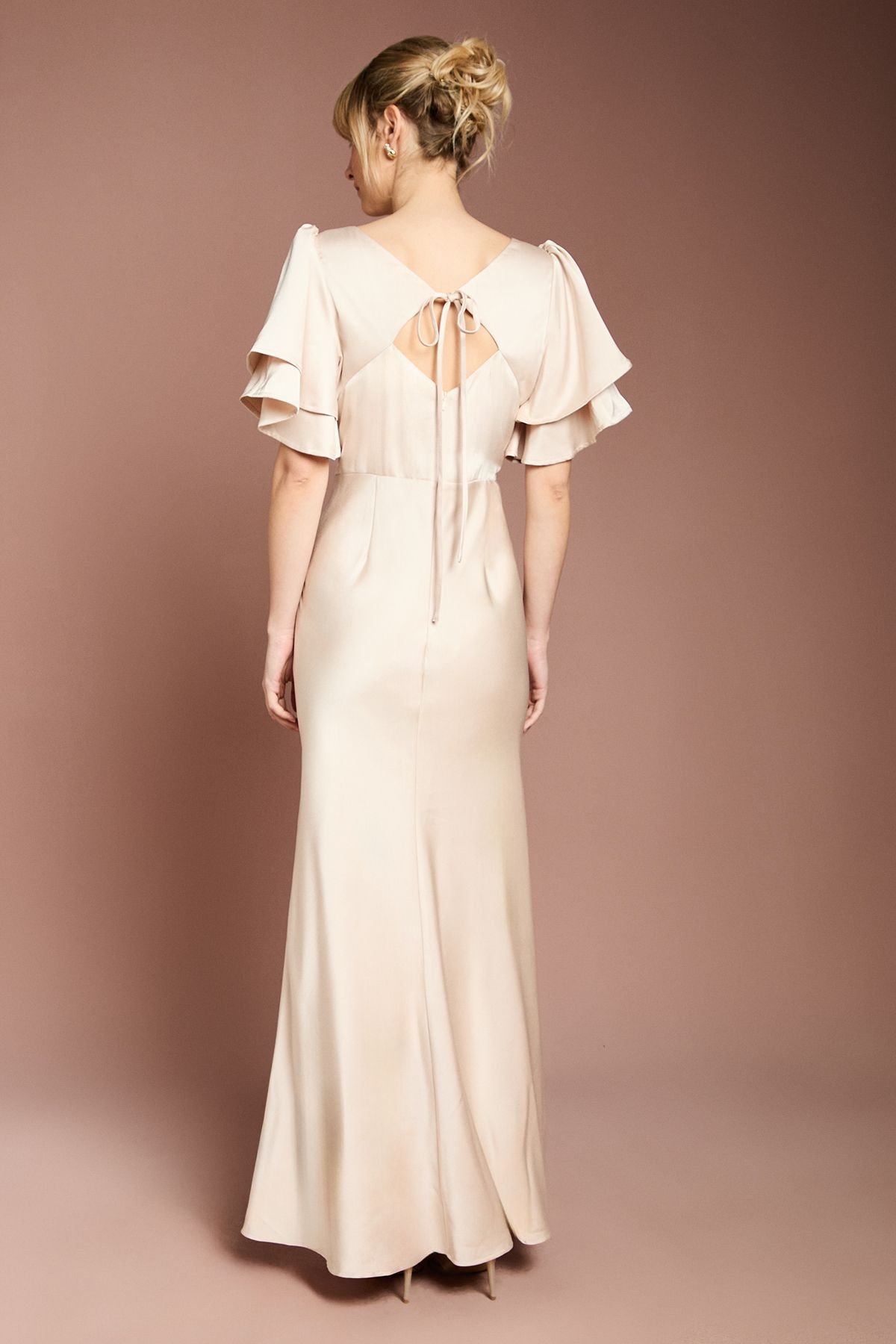 Coast Coast Women's Honoured Satin Back Crepe High Neck Short Sleeve Maxi Bridesmaid Dress in Champagne - 3