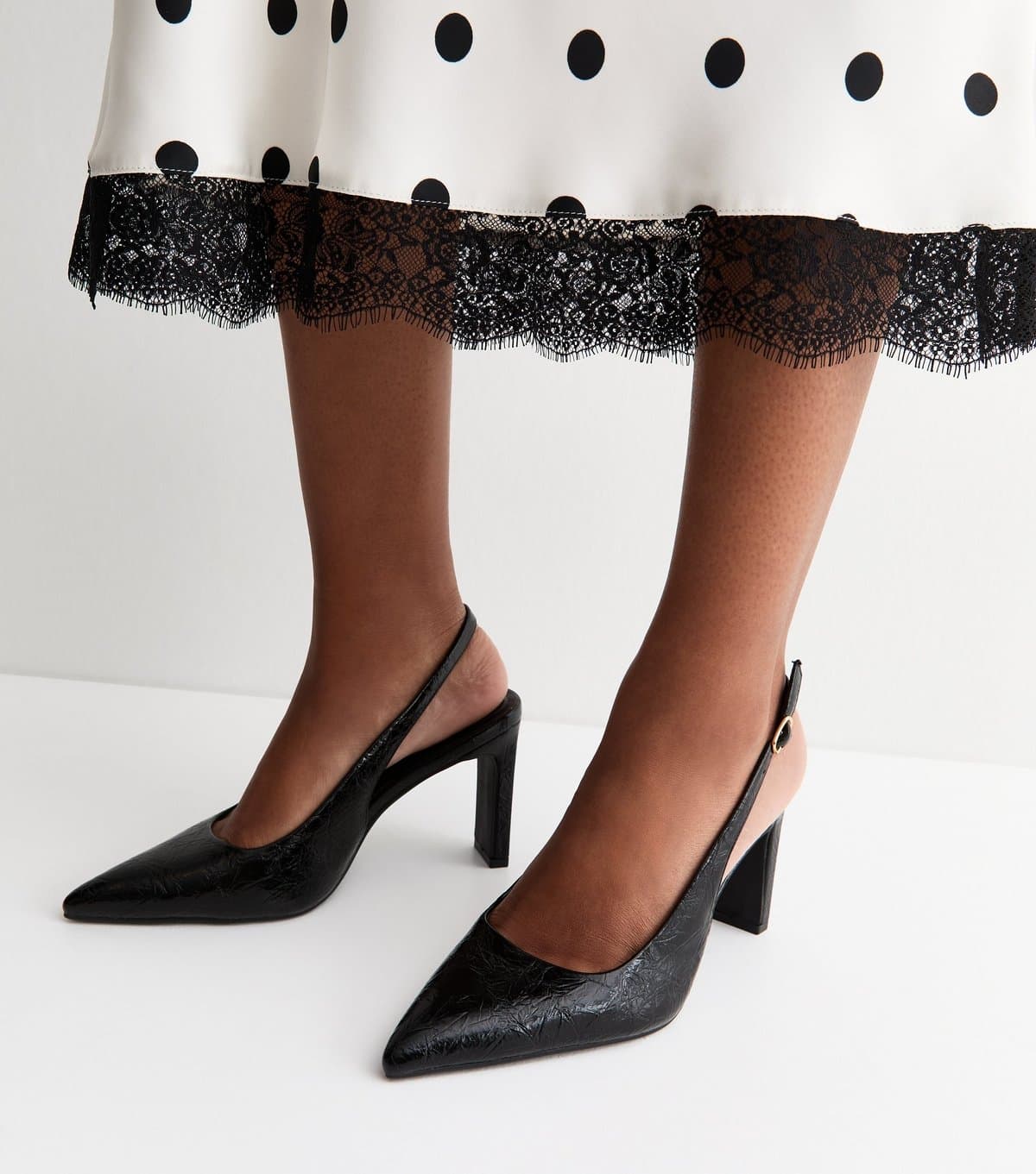 New Look Women's Black Patent Crinkled Faux Leather Slingback Court Shoes Vegan New Look