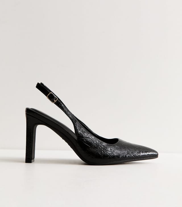 New Look Women's Black Patent Crinkled Faux Leather Slingback Court Shoes Vegan New Look - 2