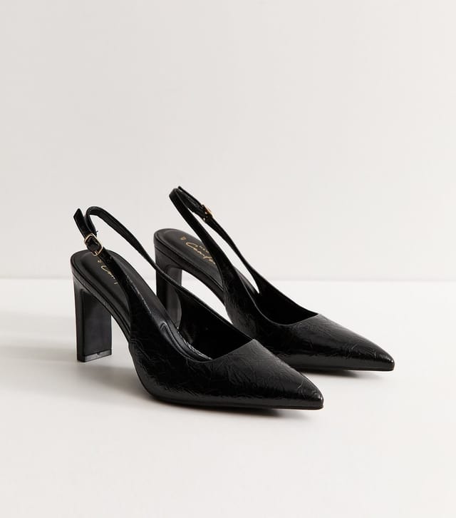New Look Women's Black Patent Crinkled Faux Leather Slingback Court Shoes Vegan New Look - 3