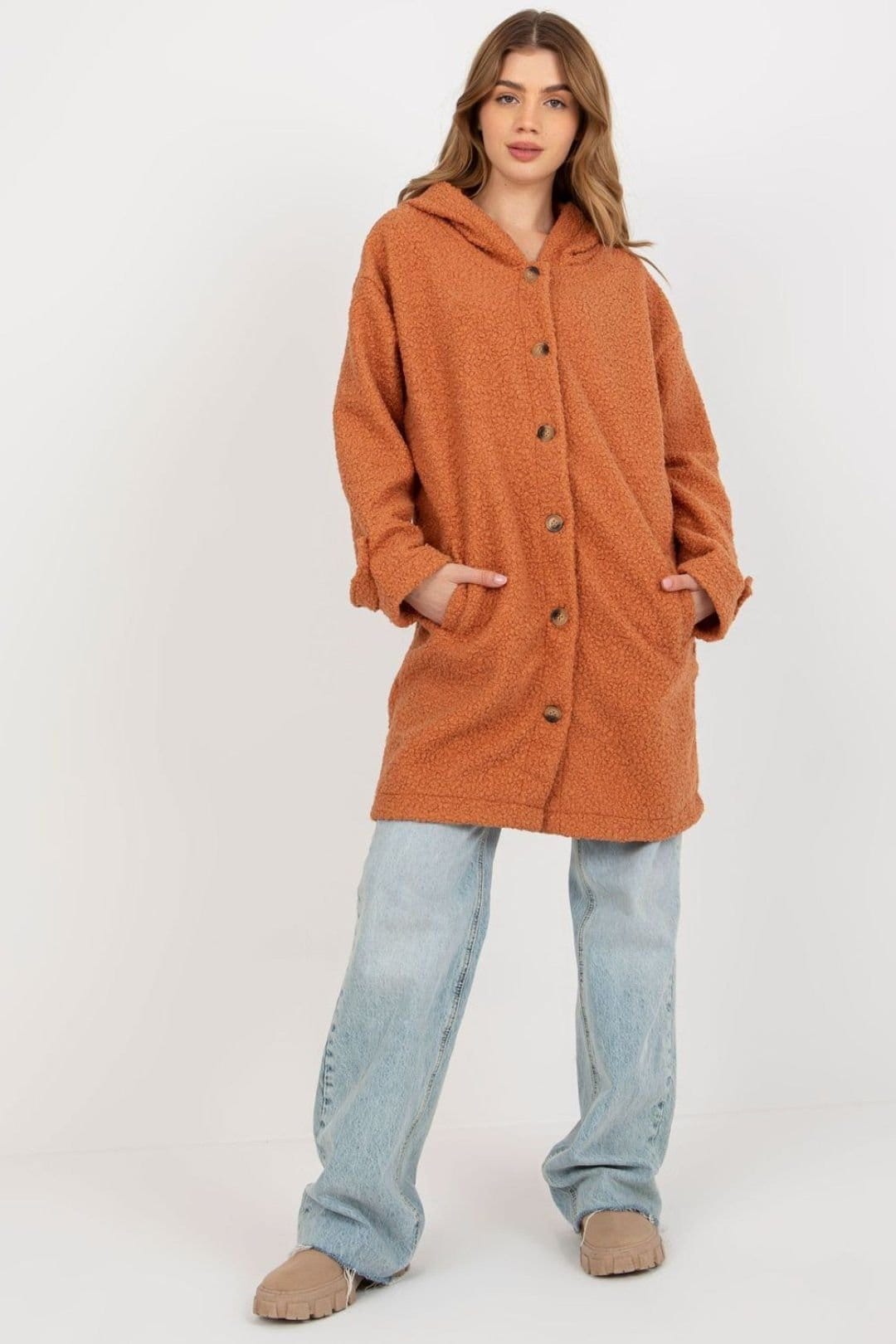 Love Lace Women's Long Sleeve Hooded Plush Button Coat in Orange