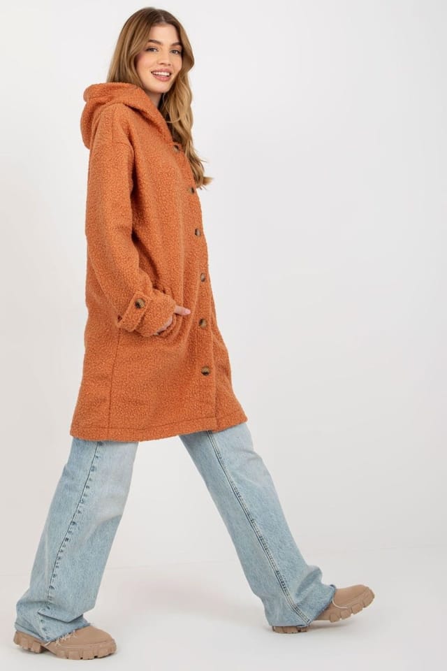 Love Lace Love Lace Women's Long Sleeve Hooded Plush Button Coat Pockets in Orange - 2