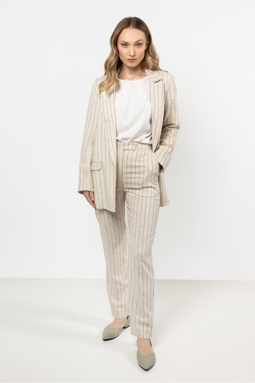 Love Lace Love Lace Women's Striped Linen Tapered Cigarette Trousers in Beige