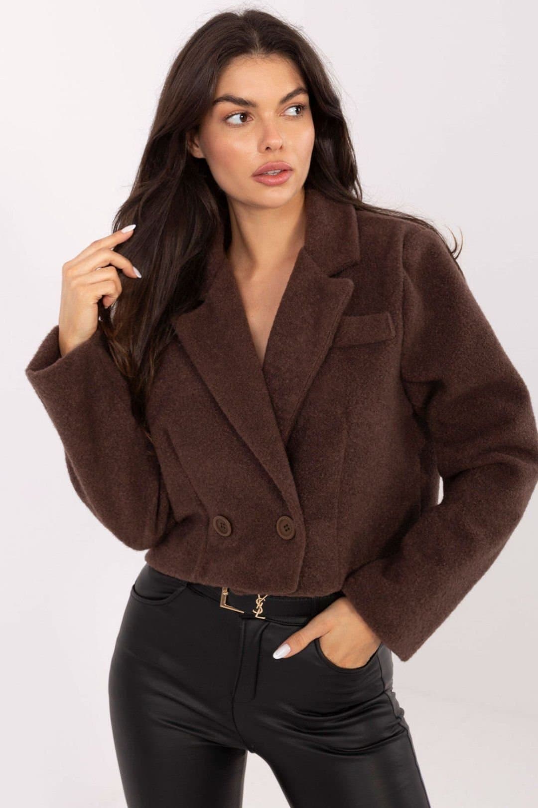 Love Lace Love Lace Women's Elegant Short Double Breasted Polyester Coat in Brown