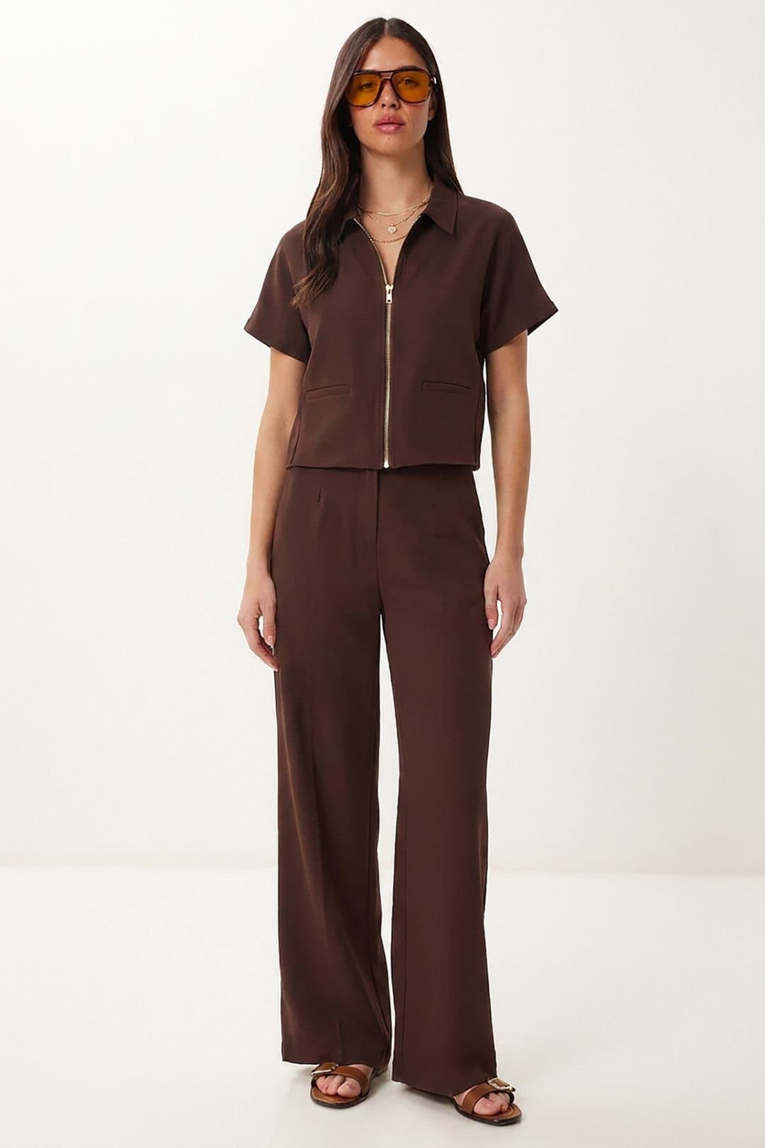 Happiness Istanbul Happiness Istanbul Women's Vest & Wide-Leg Trouser Coord in Brown
