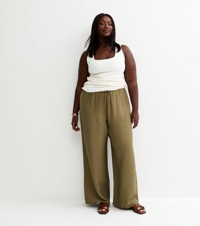 New Look Women's Plus Size Khaki Textured Wide Leg Trousers Curves New Look - 3