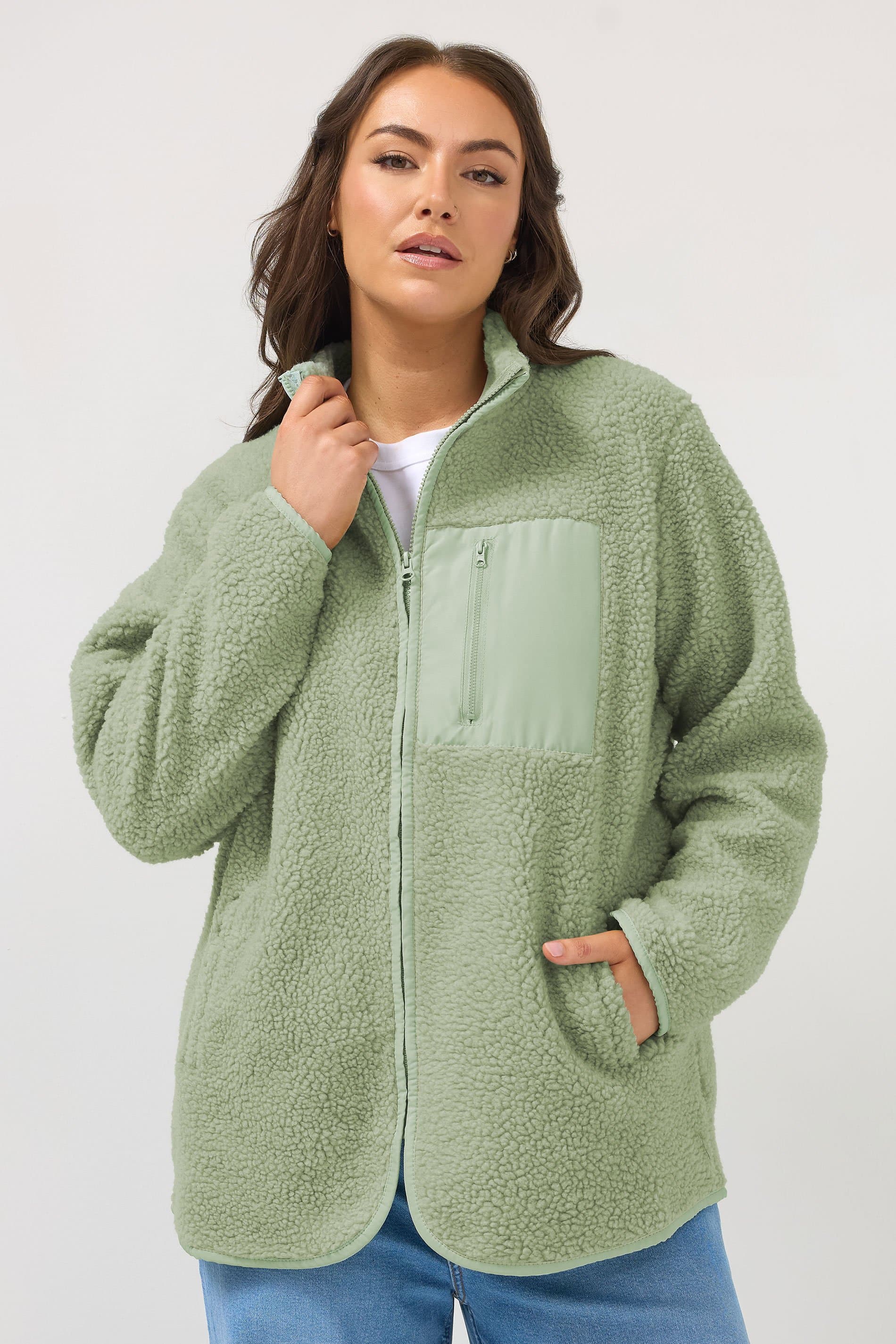 Yours Plus Size Sage Green Pocket Teddy Fleece Jacket