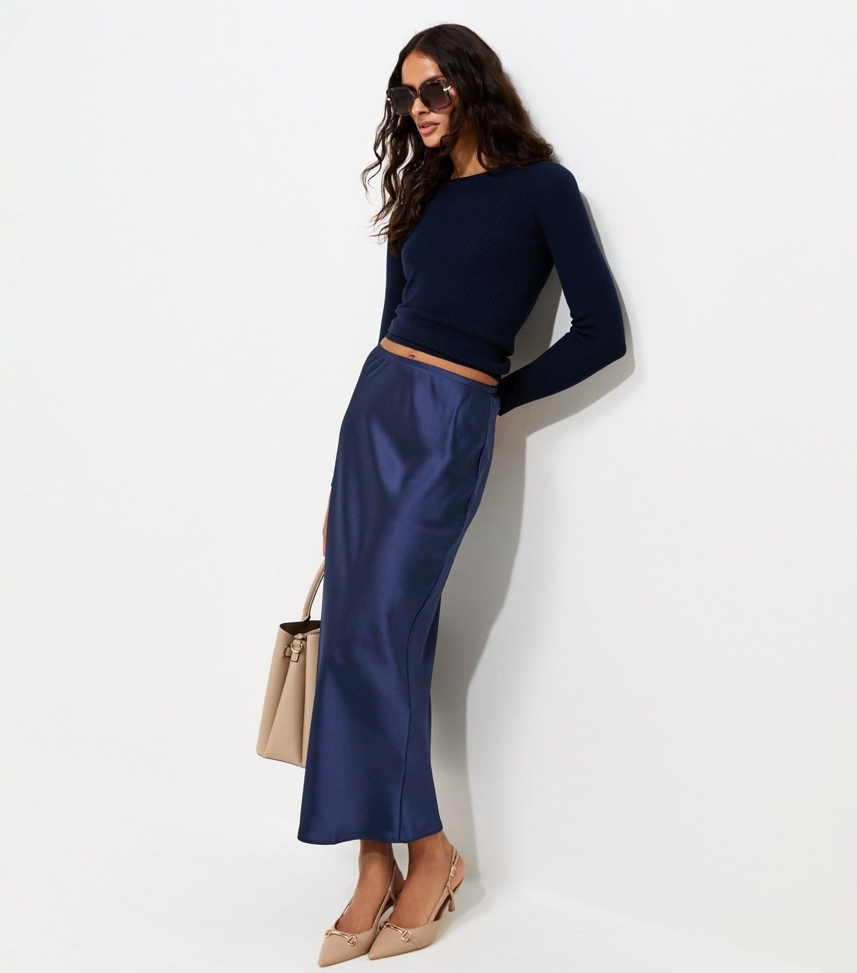 New Look Women's Navy Satin Bias Cut Midi Skirt New Look - 1