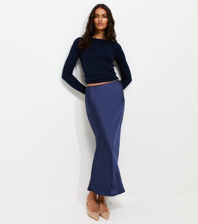 New Look Women's Navy Satin Bias Cut Midi Skirt New Look - 2