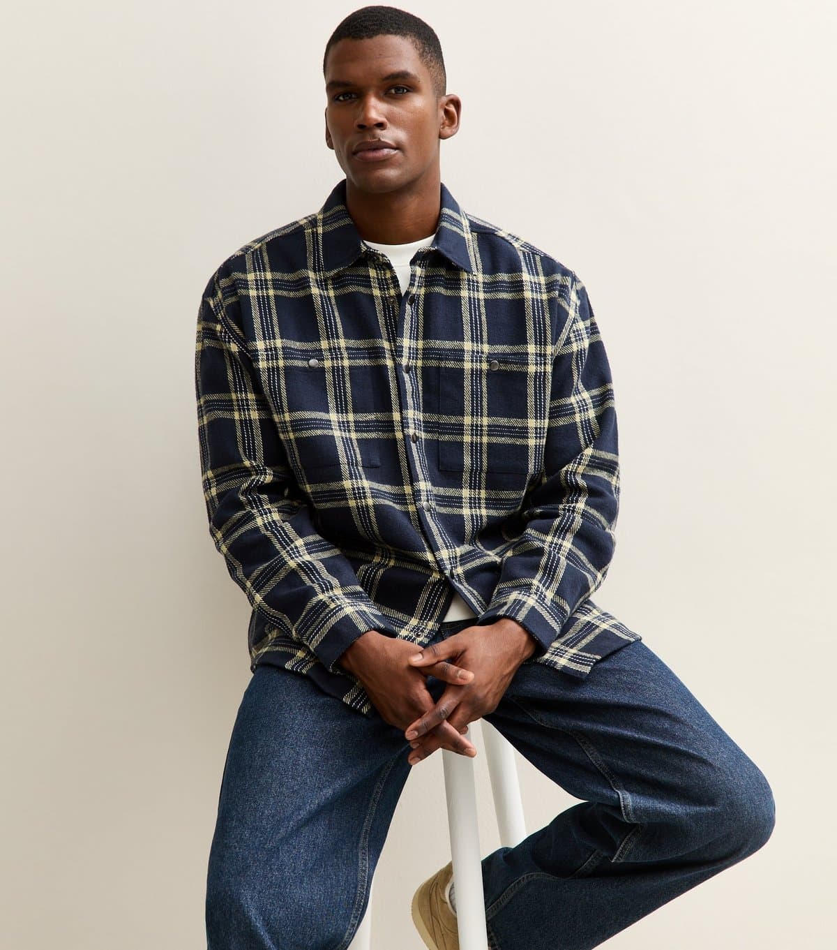 New Look Men's Blue Oversized Checked Long Sleeve Overshirt New Look